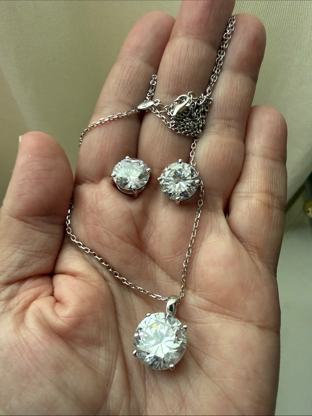 Classic Silver-Tone Clear Crystal Pendant Necklace with Matching Studs